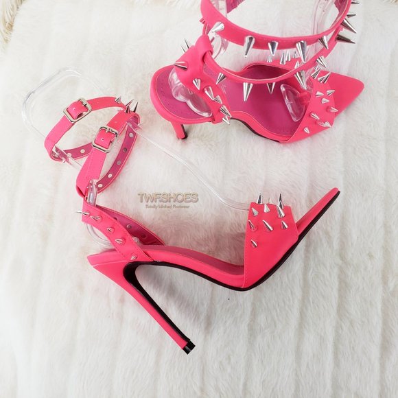 Hot Pink Spike Stud Double Strap High Heel Shoes - Picture 10 of 16